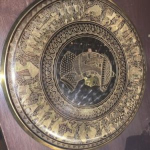 Egyptian Etched Brass Plate For Hanging. Women With A Harp. Vintage.